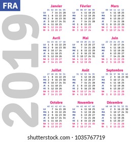 French calendar 2019, vertical calendar grid, vector 