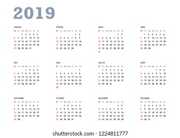 French calendar 2019 week starts from sunday. Vector calendar design template.  White background. Minimalism Style. Vector illustration. EPS10.