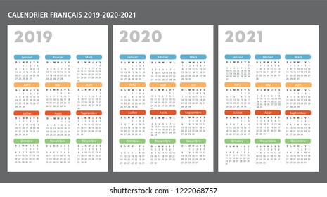 French calendar 2019-2020-2021 vector template text is outline 