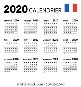 French calendar 2020 with simple black numbers, week starts on Monday. Vector calendar 2020.