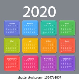 French Calendar 2020 year. Vector. Week starts Monday. France calendar annual wall template. Yearly organizer. Horizontal landscape orientation. Colorful design on dark background.