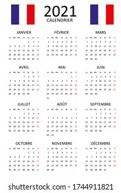 French calendar for 2021. 12 months on one page. Weekend start from Monday. Clean and transparent style. Monochrome Calendar Layout. Red Sunday.