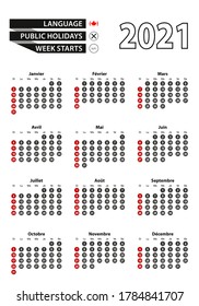 French calendar 2021 with numbers in circles, week starts on Sunday. 2021 with flag of Canada. Vector calendar 2021.