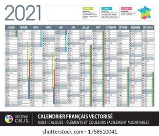 French calendar 2021. Planner with French school holidays. Grey neutral color. Texts 100% vectorized. Multi layers vector. Elements and colors easy to adapt and customize