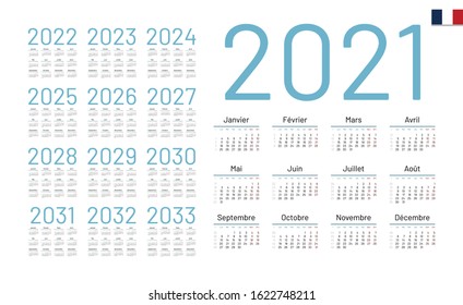 French Calendar for 2021. Week starts on Monday