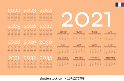 French Calendar for 2021. Week starts on Monday.