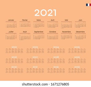 French Calendar for 2021. Week starts on Monday.