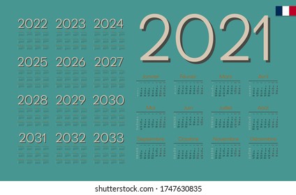 French Calendar for 2021. Week starts on Monday