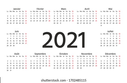 French Calendar 2021 year. Vector. Week starts Monday. France calender template. Yearly stationery organizer in minimal design. Horizontal landscape orientation. Simple illustration.