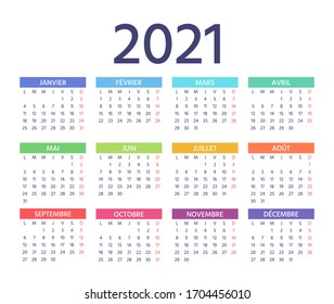 French Calendar 2021 year. Vector. Week starts Monday. France calender template. Yearly stationery organizer. Colorful simple illustration. Horizontal landscape orientation.