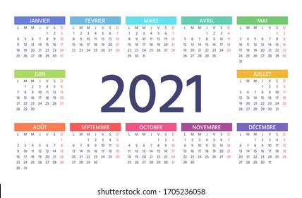 French Calendar 2021 year. Vector. Week starts Monday. France calender template. Yearly stationery organizer. Horizontal landscape orientation. Simple pocket or wall layout. Colorful illustration.