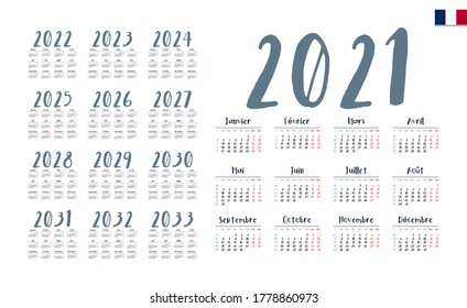 French Calendar for 2021-2033. Week starts on Monday