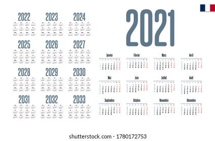 French Calendar for 2021-2033. Week starts on Monday