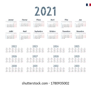 French Calendar for 2021-2033. Week starts on Monday