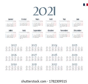French Calendar for 2021-2033. Week starts on Monday