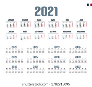 French Calendar for 2021-2033. Week starts on Monday