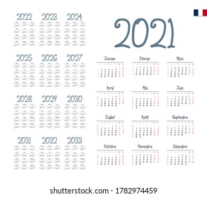 French Calendar for 2021-2033. Week starts on Monday