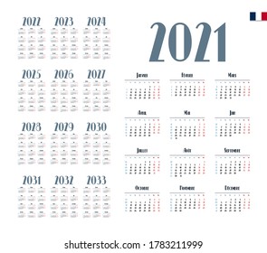 French Calendar for 2021-2033. Week starts on Monday