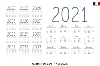 French Calendar for 2021-2033. Week starts on Monday