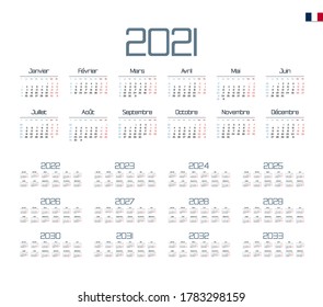 French Calendar for 2021-2033. Week starts on Monday