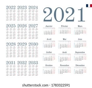 French Calendar for 2021-2033. Week starts on Monday