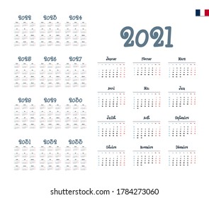 French Calendar for 2021-2033. Week starts on Monday
