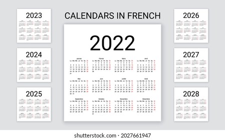 French Calendar 2022, 2023, 2024, 2025, 2026, 2027, 2028 years. France calender template. Week starts Monday. Yearly stationery organizer. Minimal, simple design, french language. Vector illustration. svg