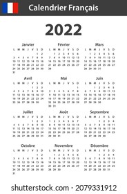 French Calendar for 2022. Scheduler, agenda or diary template. Week starts on Monday