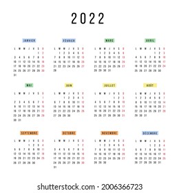 French calendar 2022 year. Vector stationery square calendar week starts Monday. Yearly organizer. Simple calendar template in minimal design. Business illustration.