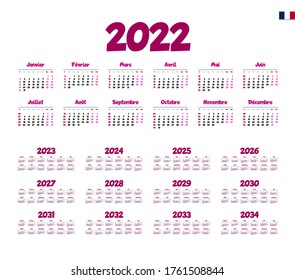 French Calendar for 2022-2034. Week starts on Monday