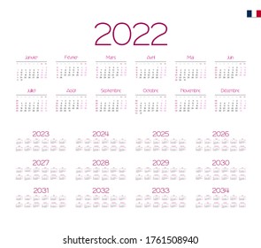 French Calendar for 2022-2034. Week starts on Monday