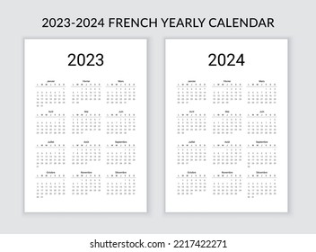 Französischer Kalender 2023, 2024. Vorlage für den französischen Kalender. Die Woche beginnt Montag. Jährlicher Briefvermittler. Zuhause, Büroplaner. Minimalistisches, sauberes Design. Französisch. Bearbeitbare Vektorgrafik.