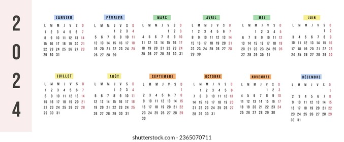 French calendar 2023 year. Vector stationery horizontal calendar week starts Monday. Yearly organizer. Simple calendar template in minimal design. Business vector illustration.