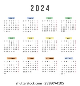 French calendar 2024 year. Vector stationery square calendar week starts Monday. Yearly organizer. Simple calendar template in minimal design. Business illustration.