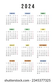 French calendar 2024 year. Vector stationery calendar week starts Monday. Yearly organizer. Simple calendar template in minimal design. Business illustration.