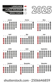 Calendario francés 2025 con números en círculos, la semana comienza el domingo. 2025 con bandera de Canadá Ilustración vectorial.