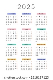 French calendar 2025 year. Vector stationery calendar week starts Monday. Yearly organizer in trendy colors. Simple calendar template in minimal design. Business illustration.