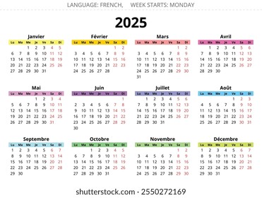 Calendario FRANCÉS 2025: Planificador anual con Ilustraciones vectoriales de Francia 