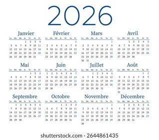 French calendar for 2026, week starts on Monday
