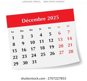 Französischer Kalender für Dezember 2025. Vektorgrafik einer Wintermonat-Papierseite für Frankreich