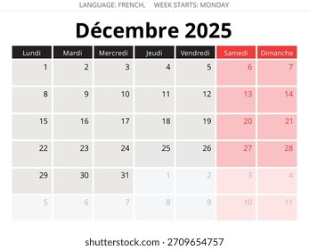 Französischer Kalender für Dezember 2025. Vektorgrafik eines Wintermonats für Frankreich