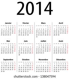 French Calendar grid for 2014. Mondays first. Vector illustration