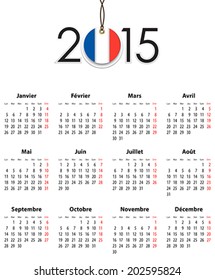 French Calendar grid for 2015 with flag like tag. Mondays first. Vector illustration