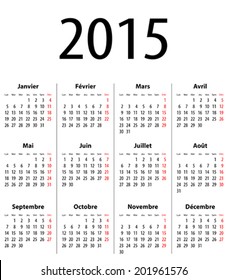 French Calendar grid for 2015. Mondays first. Vector illustration