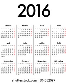 French Calendar grid for 2016. Mondays first. Vector illustration