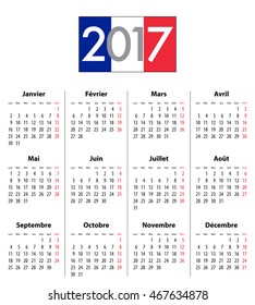 French Calendar grid for 2017 year. Flag colors under 2017 digits. Best for calendar print, business, web design, office needs and presentations. Mondays first. Vector illustration