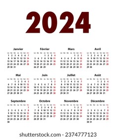 Dígitos en negrita del calendario francés para 2024. Lo mejor para impresión de calendario, negocios, diseño web, necesidades de oficina y presentaciones. Los lunes primero. Ilustración del vector