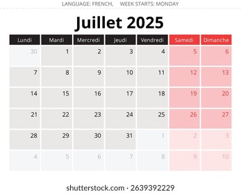 French calendar for july 2025. Vector illustration of a month for France - juillet calendrier