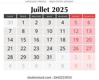 French calendar for july 2025. Vector illustration of month for France - juillet calendrier