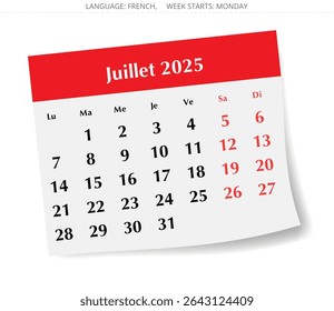 Calendário francês para julho de 2025. Ilustração vetorial de uma página de papel do mês para a França - calendário juillet